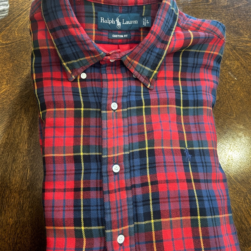 Polo Ralph Lauren Mens Large L Custom Fit Button Shirt Plaid Chambray Oxford Re